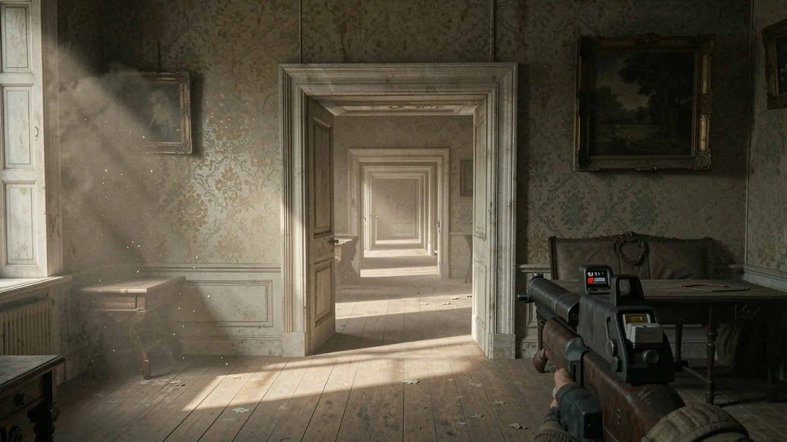 A faded grand manor interior in a puzzle game, a doorway opening onto another doorway in an impossible repeating arrangement, dust in shafts of light