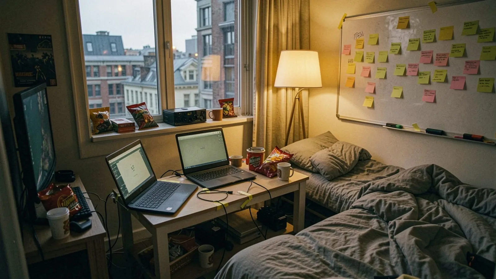 A rented apartment used as a temporary game studio, laptops and monitors on a low table, a whiteboard of sticky notes, bedding pushed aside and snack packaging around