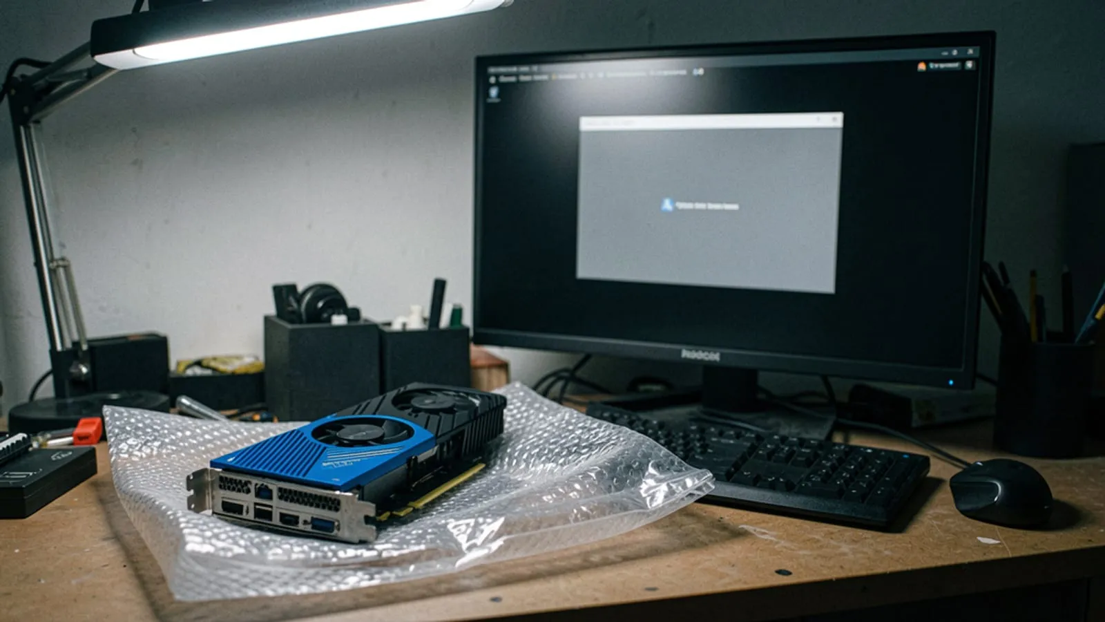 A graphics card on an anti-static bag beside a monitor showing a plain system error dialog on a black desktop