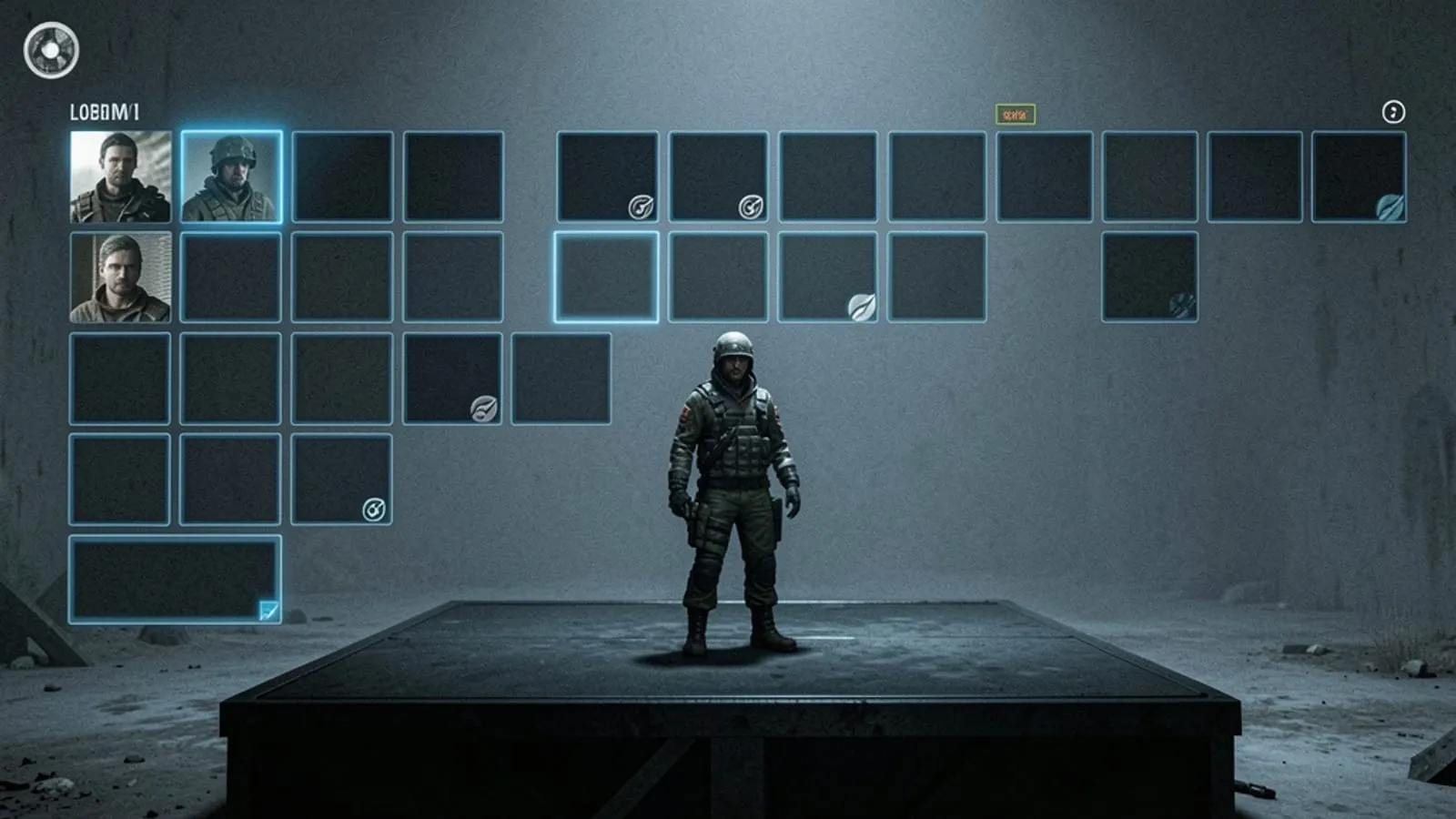 A multiplayer lobby screen with almost every player slot empty and one lone character standing on a dim platform
