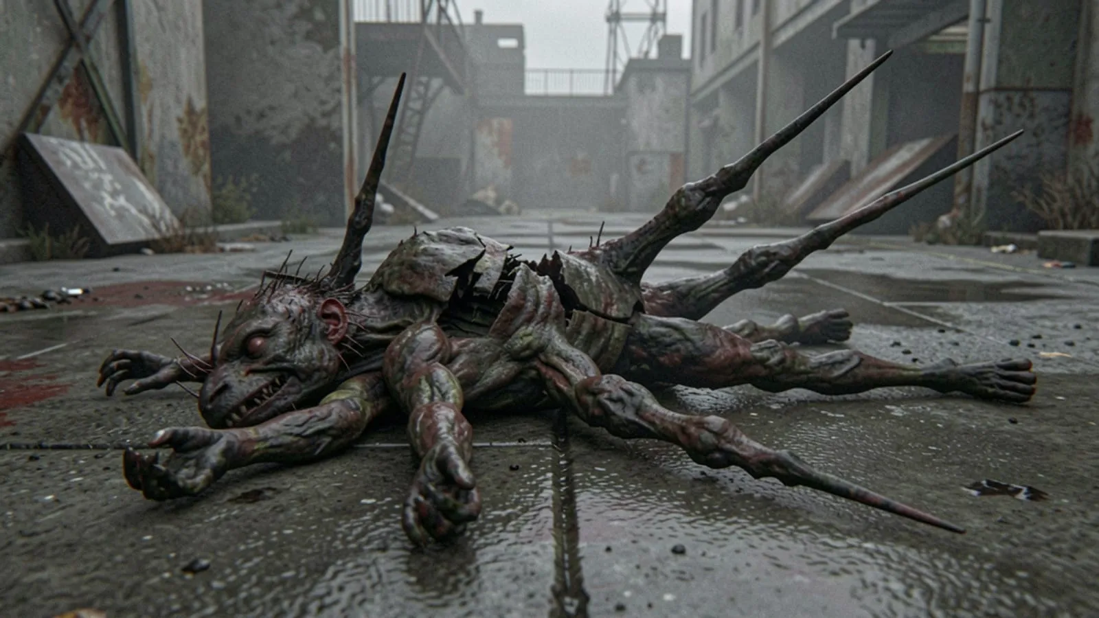 A dead creature in a post-apocalyptic game scene with its body geometry broken into long distorted spikes of stretched texture