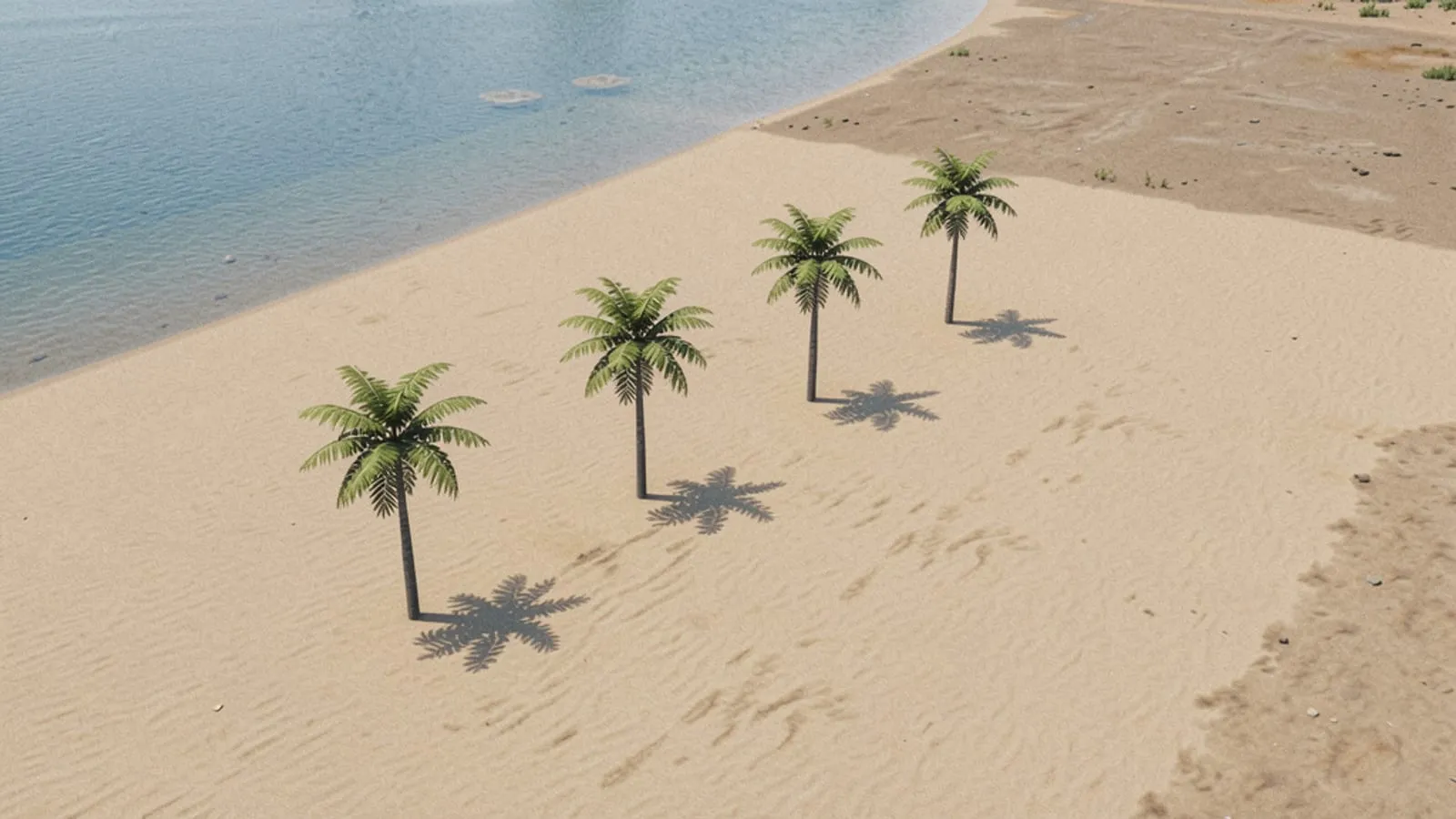 A city builder scene looking down at an empty stretch of coastal sand with four thin palm trees and nothing else