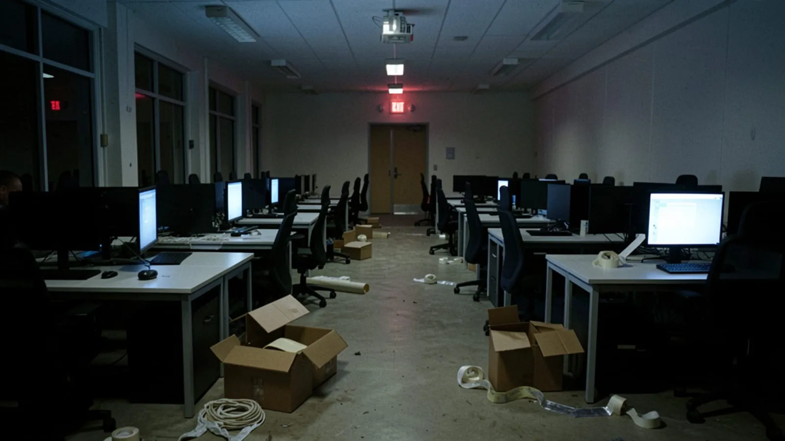 A darkened open plan game studio at night with empty desks, glowing monitors and flattened packing boxes on the floor