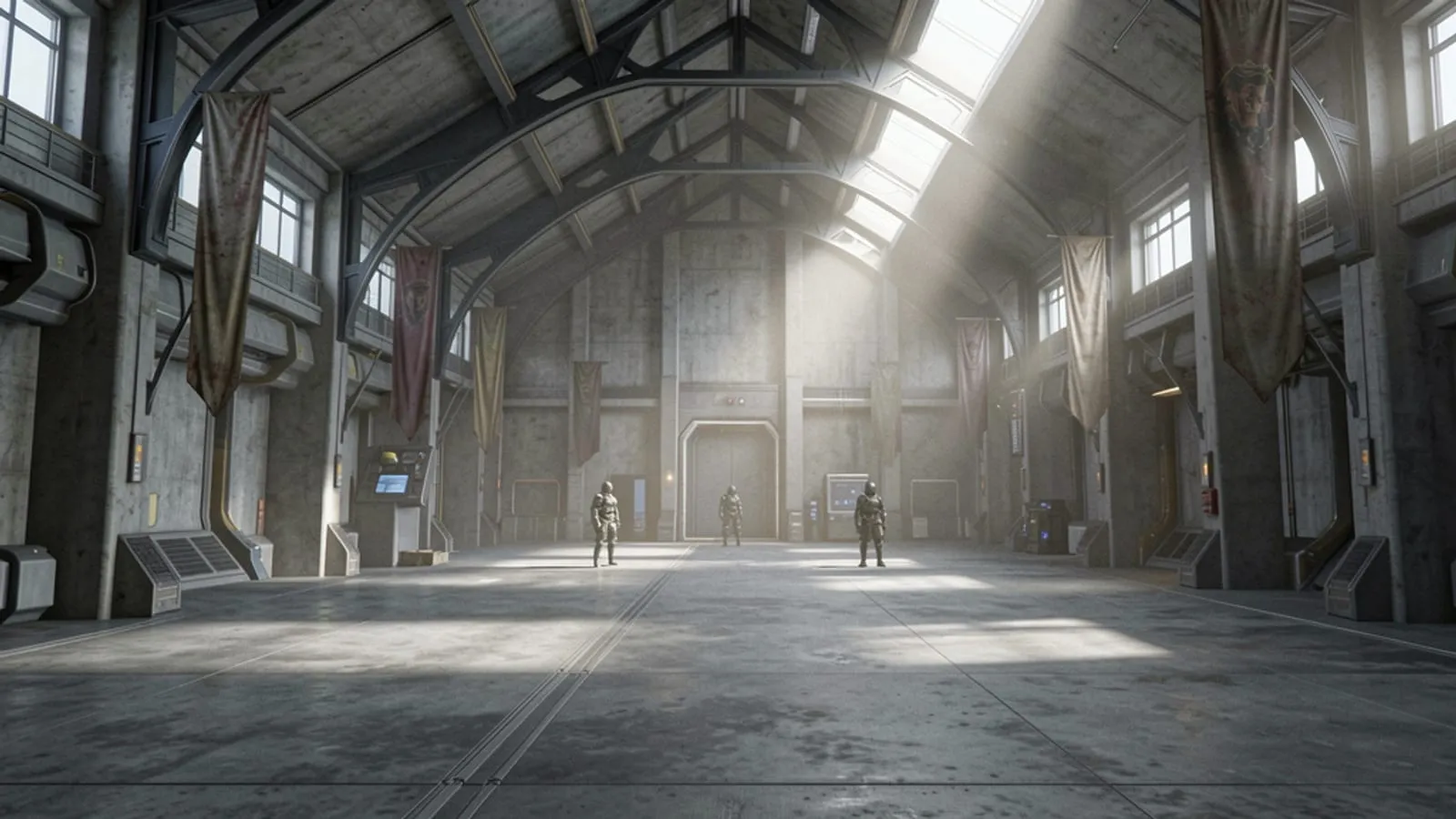 A vast, near-empty science fiction social hall in a live service game, with only a few distant players standing on a wide floor