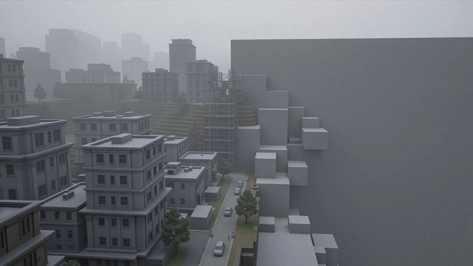 A partially built game world where detailed city buildings give way to bare grey placeholder blocks fading into empty fog