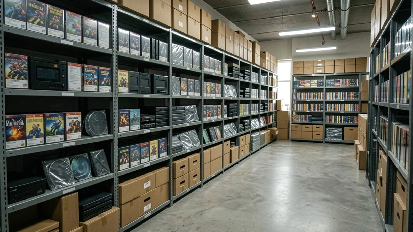 A library archive room with tall shelving holding neatly boxed and labelled game cartridges, discs and old consoles in protective sleeves