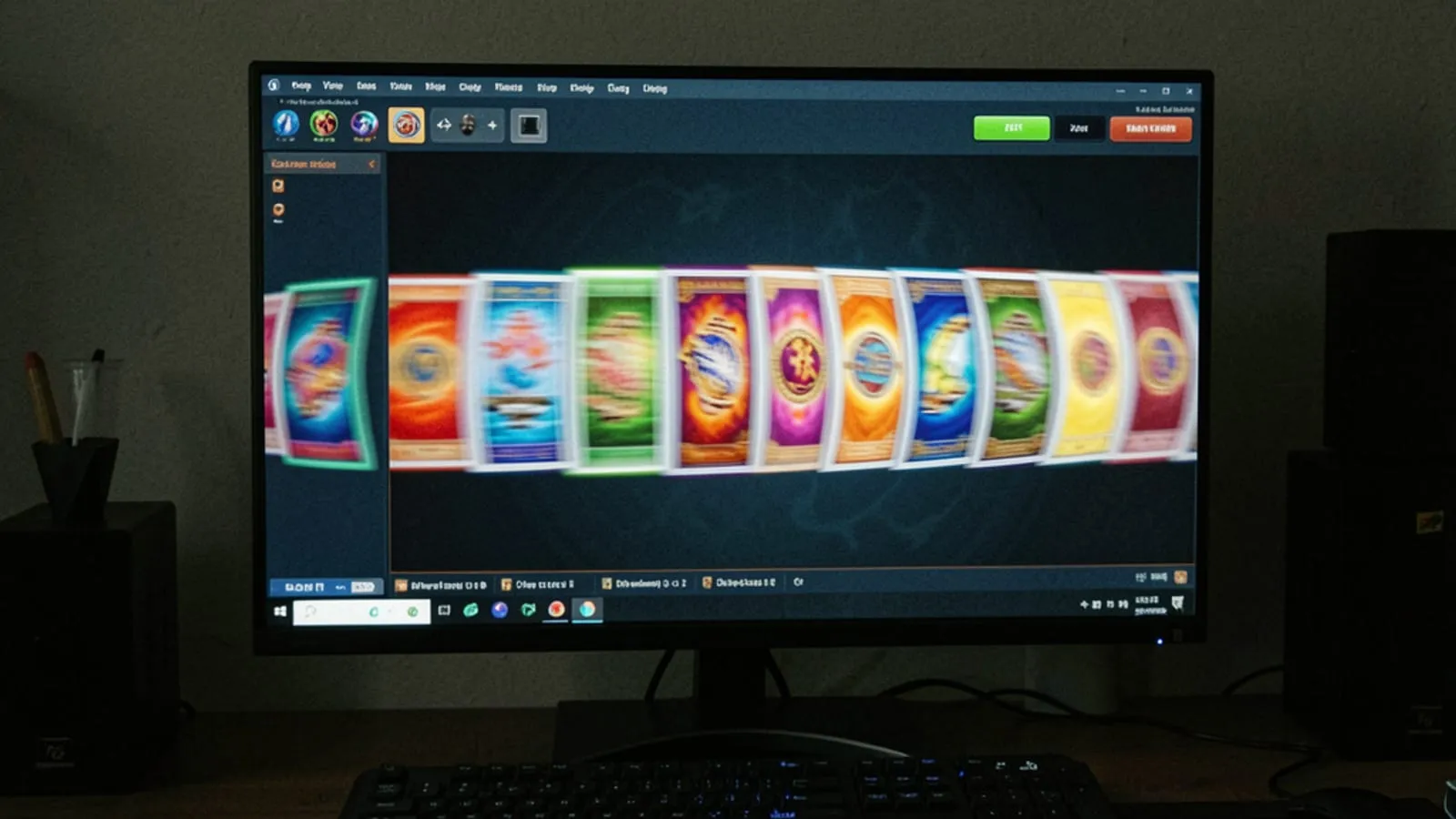 A monitor in a dark room showing a spinning carousel of glowing coloured item cards mid-rotation