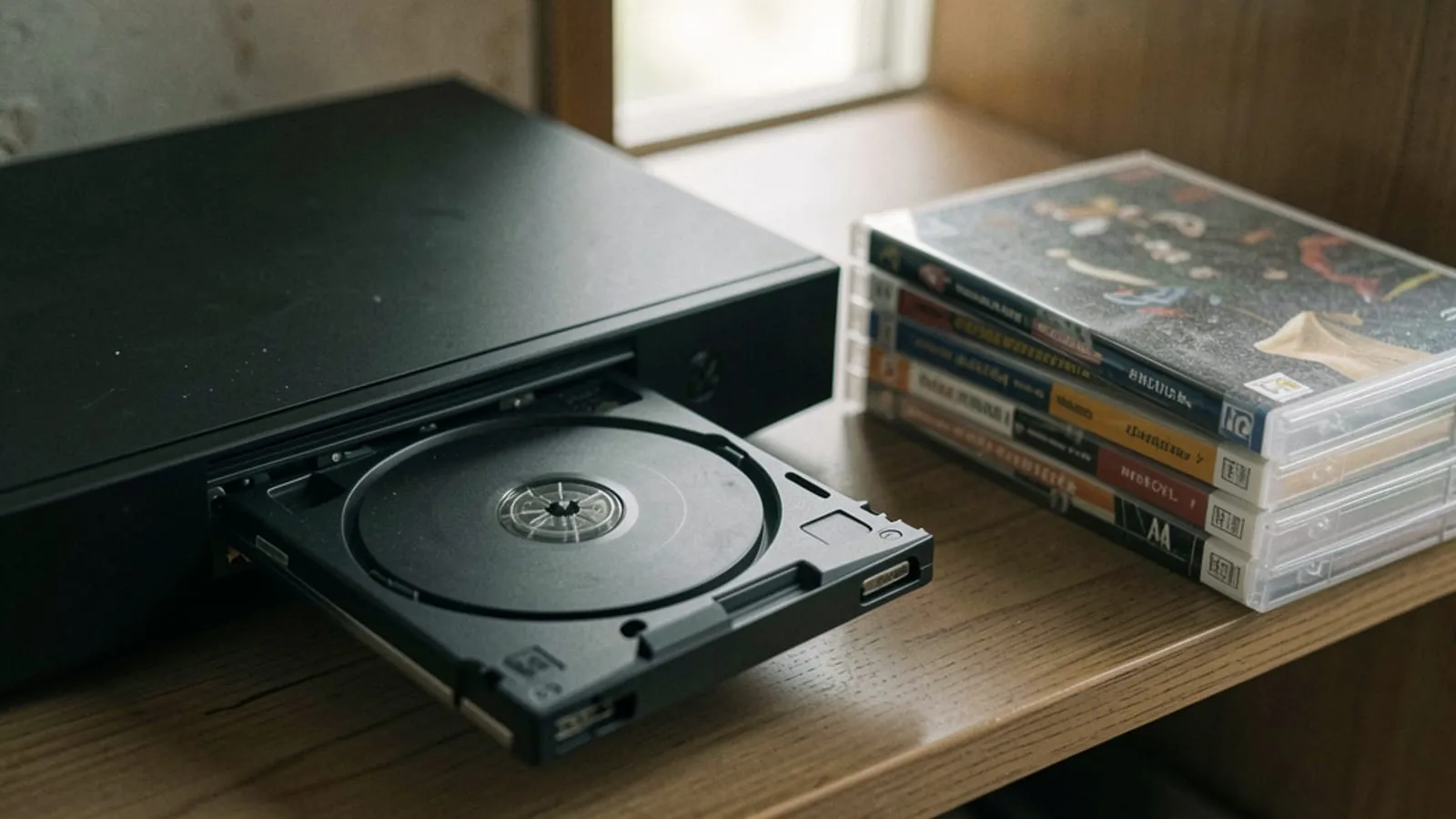 A games console with its disc tray open and empty, beside a leaning stack of unopened plastic game cases catching soft window light