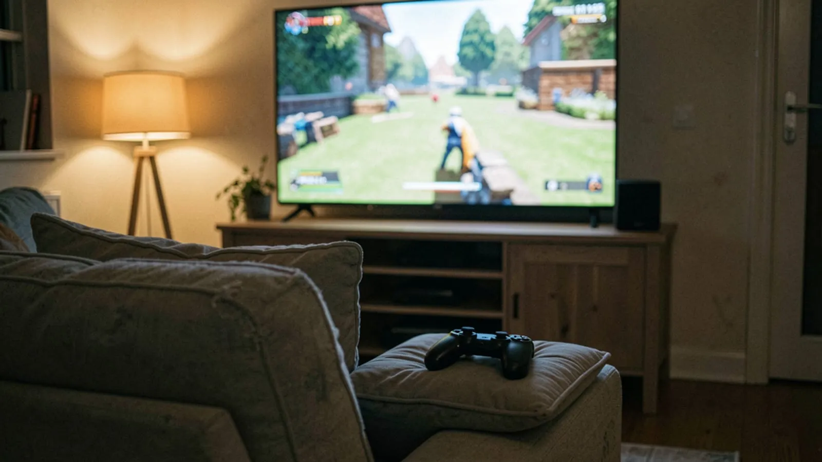 A living room at night seen from behind a sofa, a television showing a game and a small black cube console on the media unit below, controller on a cushion