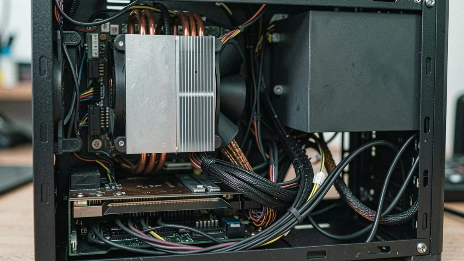 Interior of a very compact PC showing a large heatsink with copper heat pipes, a single large fan and an internal power supply forming part of the frame