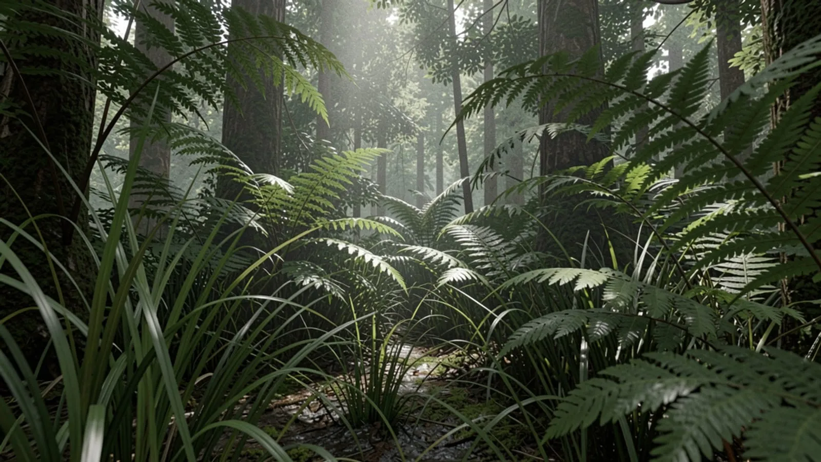 A dense forest interior in a game engine, filled with thin overlapping fern fronds and long grass layered over each other