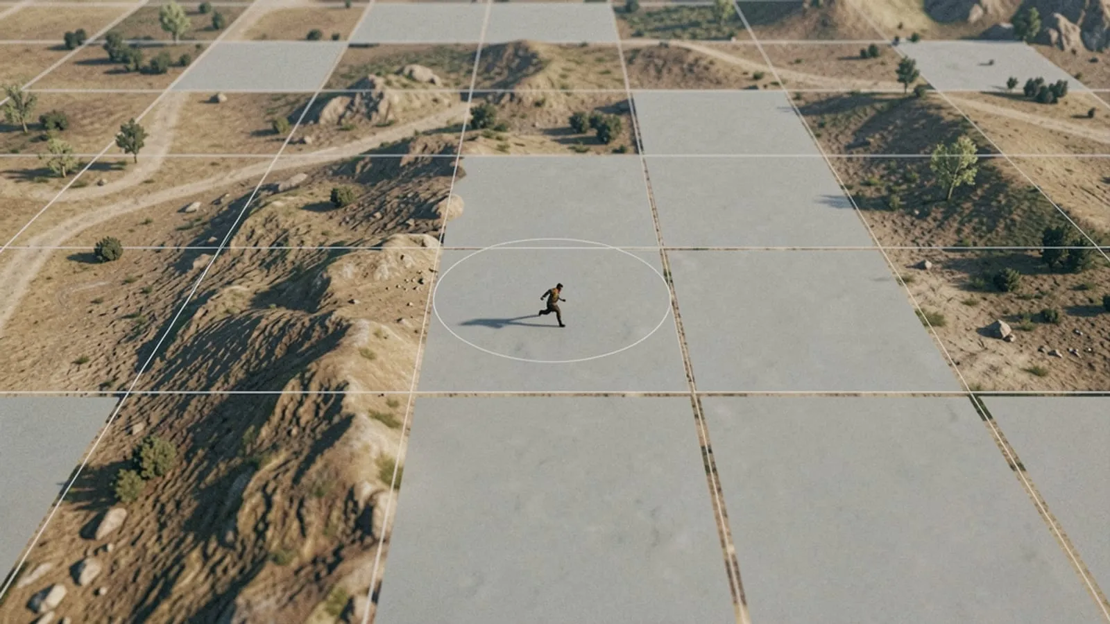Aerial view of an open world game with a wireframe grid dividing terrain into cells, some fully detailed and others still flat and untextured as a character runs across the boundary